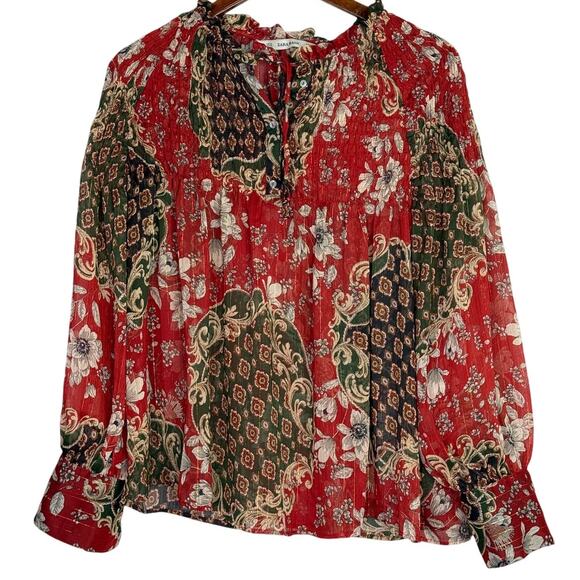 Zara Floral Sheer Long Sleeve Flowy Boho Blouse Smocked Ruffle Neck XL Red Green - Picture 13 of 15